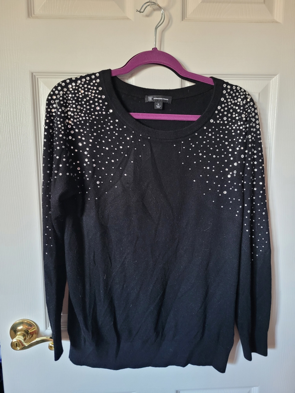 INC International Concepts Black Crewneck Sweater with Silver Stud Accents